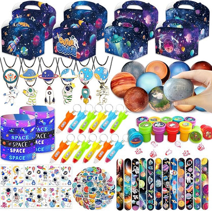 Bluegogo 151Pcs Space Party Favors, Space Birthday Party Decorations Include Stress Ball Bracelet Tattoo Stickers Stamp, Necklace, Rocket Keychain Gift Box for Kids Space Party Supplies