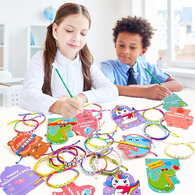 Valentines Day Cards for Kids School with Bracelets 24 Pack, Valentines Day Gifts for Kids Classroom with Friendship Bead Bracelets, Exchange Gift Valentine Party Favors for Kids Girls Boys