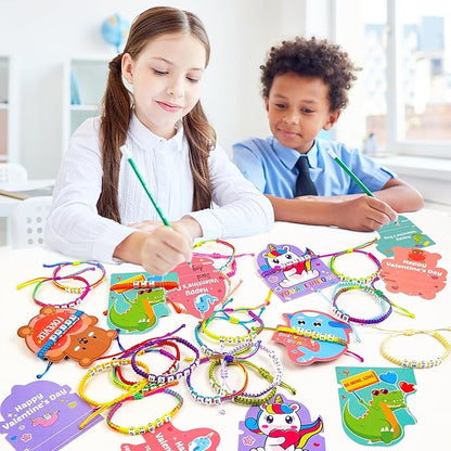 Valentines Day Cards for Kids School with Bracelets 24 Pack, Valentines Day Gifts for Kids Classroom with Friendship Bead Bracelets, Exchange Gift Valentine Party Favors for Kids Girls Boys
