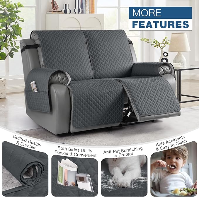 TAOCOCO Waterproof Recliner Loveseat Cover Non-Slip Sofa Slipcover, Pet Couch Cover for Loveseat Recliner with Straps, Washable Reclining Loveseat Cover Furniture Protector (2 Seater, Charcoal Gray)