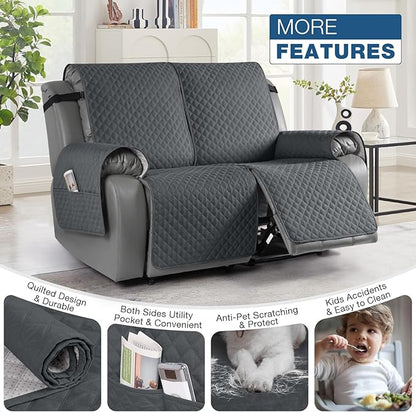 TAOCOCO Waterproof Recliner Loveseat Cover Non-Slip Sofa Slipcover, Pet Couch Cover for Loveseat Recliner with Straps, Washable Reclining Loveseat Cover Furniture Protector (2 Seater, Charcoal Gray)