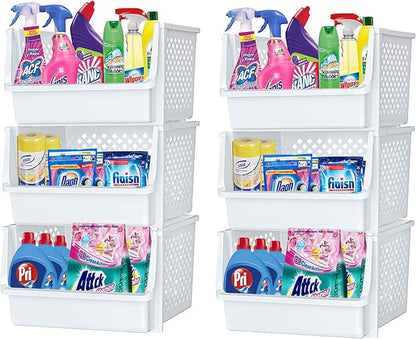 TidyFriend 6 Pack XLarge Stackable Storage Bins Open Front for Pantry Organizers and Storage, Pantry Storage for Food, Kitchen and Home Organization, Plastic Storage Bins, Dorm Room Essentials (White)