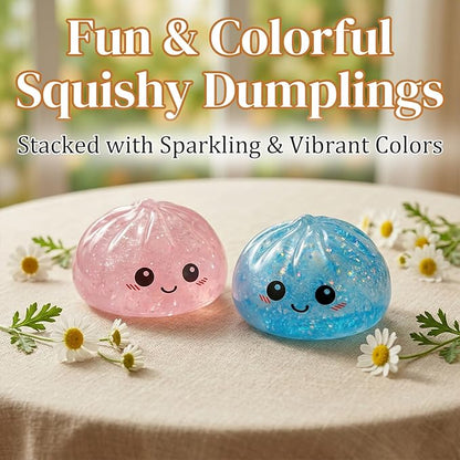 Dumpling Squishies Toy, Giant Glitter Dumpling, Colorful Steamed Bun Stress Balls Fidget Sensory Toy,Jumbo Squishy Toy with Steamer Box,Soft Squeeze Decompression Dough (Glitter Blue)