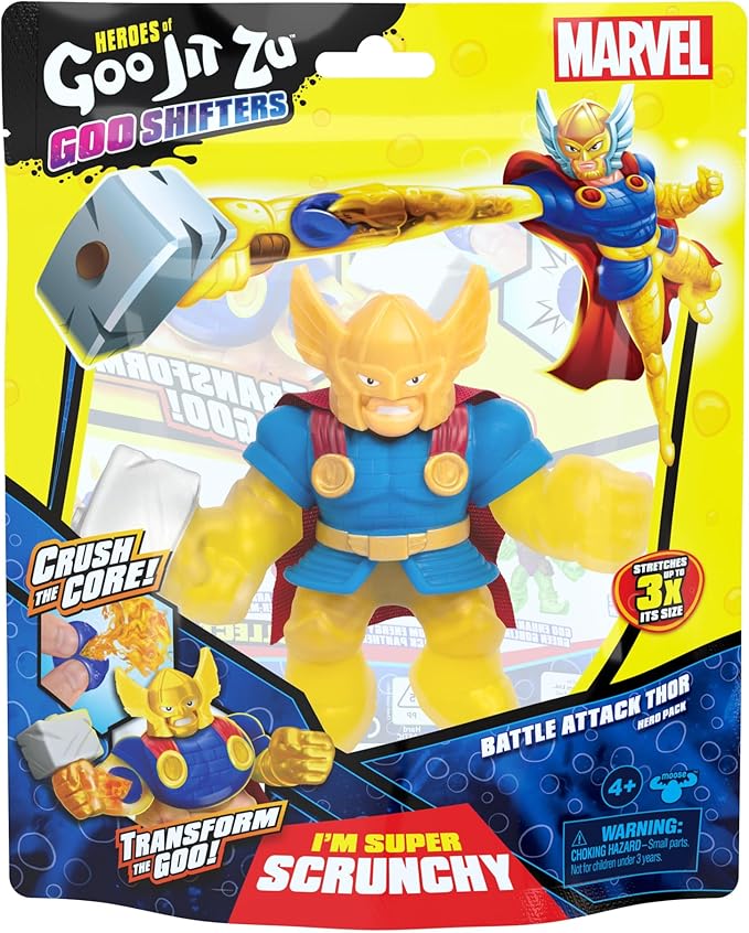 Heroes of Goo Jit Zu Goo Shifters Marvel Edition Stretchy Hero Battle Attack Thor | Super Scrunchy Marvel Toy Figure | Crush The Core | Transform The Color of The Goo | Stretches Up to 3X Its Size