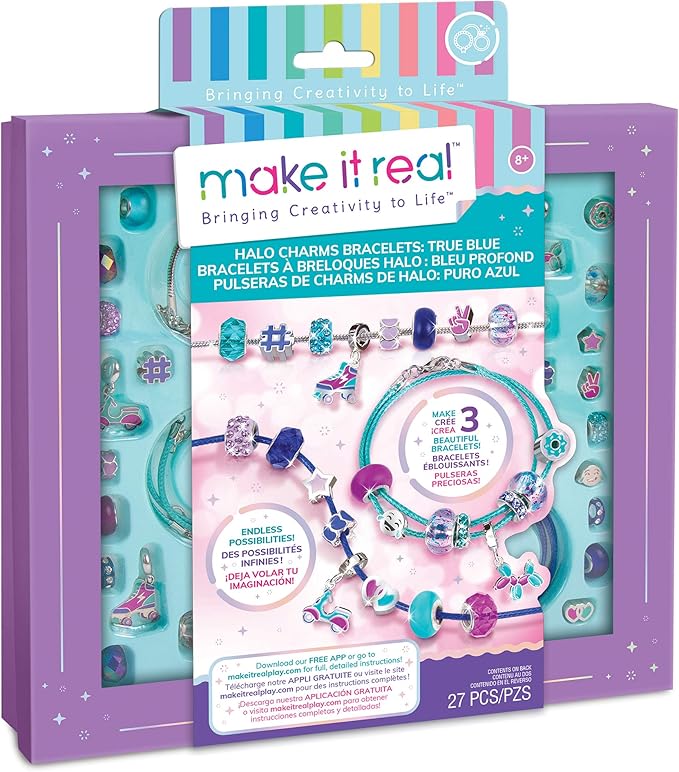Make It Real - Halo Charms Bracelets True Blue - DIY Charm Bracelet Making Kit - Friendship Bracelet Kit with Beads, Charms & Cord - Arts & Crafts Bead Kit for Girls - Makes 3 Bracelets