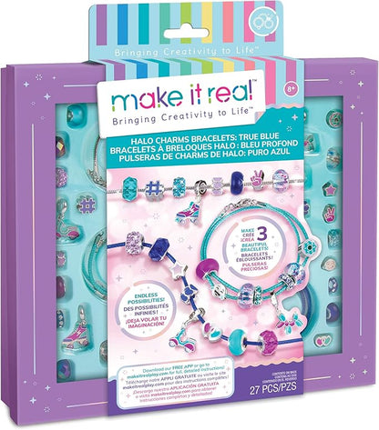 Make It Real - Halo Charms Bracelets True Blue - DIY Charm Bracelet Making Kit - Friendship Bracelet Kit with Beads, Charms & Cord - Arts & Crafts Bead Kit for Girls - Makes 3 Bracelets