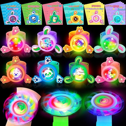 Valentines Day Gifts for Kids, 24 Pack LED Light Up Fidget Spinner Slap Bracelets with Valentines Cards for Kids Classroom School Exchange, Party Favors for Kids 4-8-12 Glow in the Dark Party Supplies