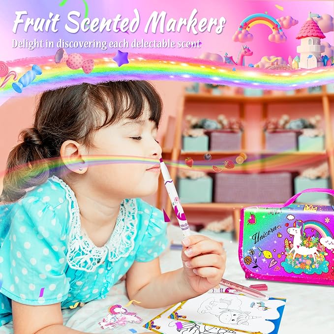 Kids Washable Scented Markers Set with Pencil Case, Kids Art Supplies Unicorn Markers Drawing Kits with Coloring Paper & Stickers for 4-8 Years Old Girls Birthday Gifts (Rainbow Unicorn, Multicolor)