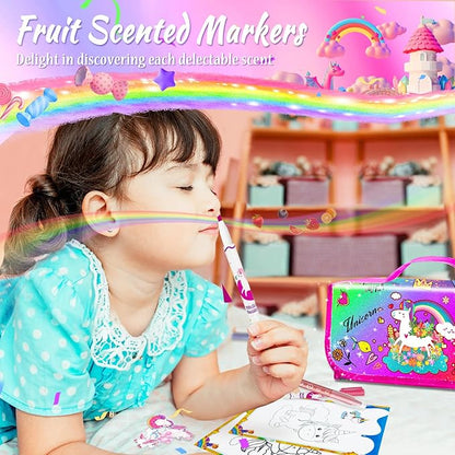 Kids Washable Scented Markers Set with Pencil Case, Kids Art Supplies Unicorn Markers Drawing Kits with Coloring Paper & Stickers for 4-8 Years Old Girls Birthday Gifts (Rainbow Unicorn, Multicolor)