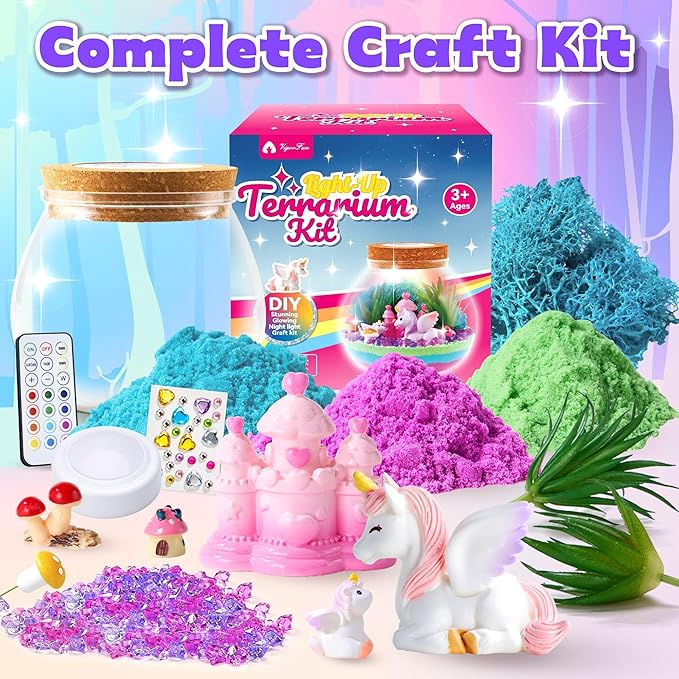 VigorFun Unicorn Terrarium Kit for Kids - Creative LED Night Light Gifts for Girls Birthday Age 3+, DIY Arts & Crafts Light Up Kit, Unicorn Toys for Kids 4 5 6 7 8 9 10 Year Old