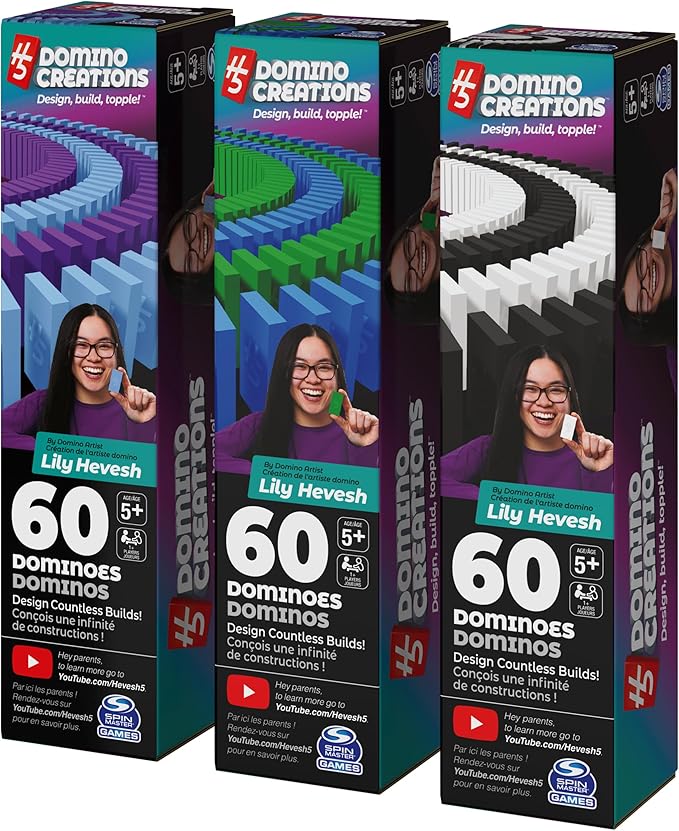 Spin Master Games, H5 Domino Creations, 180-Piece Dominoes Set by Lily Hevesh Colorful 3-Pack Bundle of 60-Piece Packs, Family Games for Ages 5+