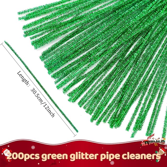 Praisebank Glitter Pipe Cleaners (200pcs, 12 inch, Green Glitter), Christmas Crafts