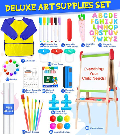 Art Easel for Kids, 3 in 1 Adjustable Double Sided Kids Easel with Magnetic Whiteboard, Chalkboard, 2 Paper Rolls and Accessories, All in One Wooden Toddler Easel, Art Easel for Kids Ages 2-4 4-8 8-12