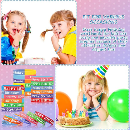 Sratte 120 Pcs Happy Birthday Rubber Bracelets for Kids Stretch Wristbands Bulk Birthday Bracelets for Classroom Student Back to School Gift Teacher Birthday Party Favors Supplies