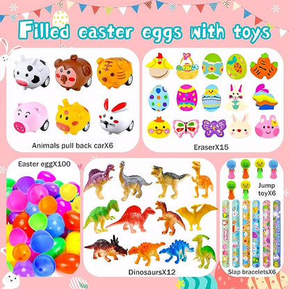 318 pcs Easter Eggs Filled Easter Egg Fillers 100 pack Easter Eggs Bulk wtih 218 Toys inside Small Toys for Easter Eggs Easter Basket Stuffers Easter Egg Hunt Party Favors for Kids Toddlers Boys Girls
