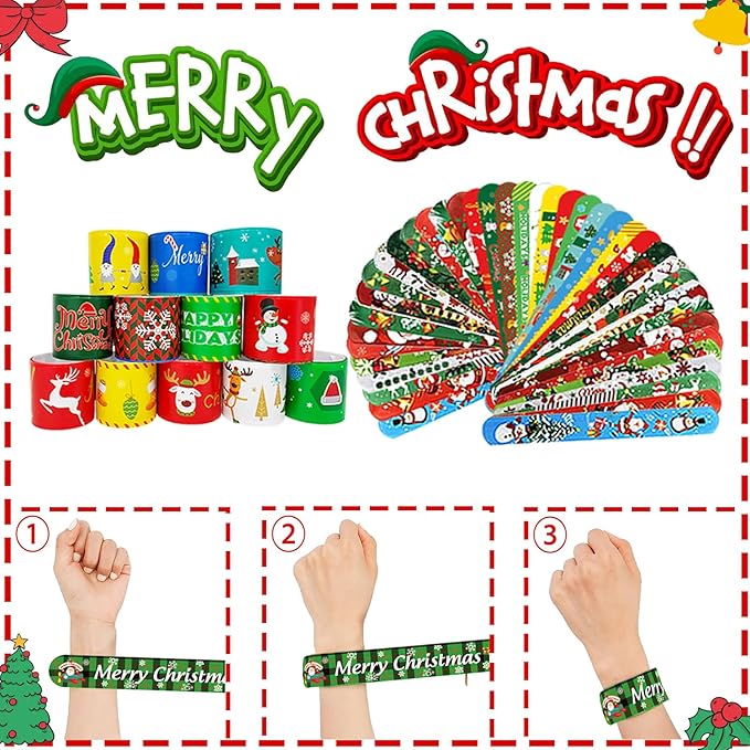 100Pcs Christmas Slap Bracelets, Christmas Party Favors Fidget Toys, Xmas Snap Wristbands for Kids Christmas Gifts, Goodies Stocking Stuffers, Classroom Prizes
