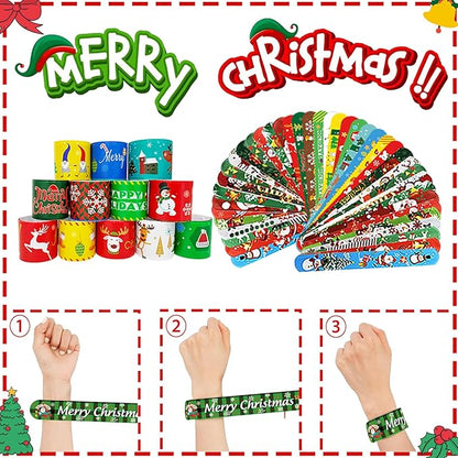 100Pcs Christmas Slap Bracelets, Christmas Party Favors Fidget Toys, Xmas Snap Wristbands for Kids Christmas Gifts, Goodies Stocking Stuffers, Classroom Prizes