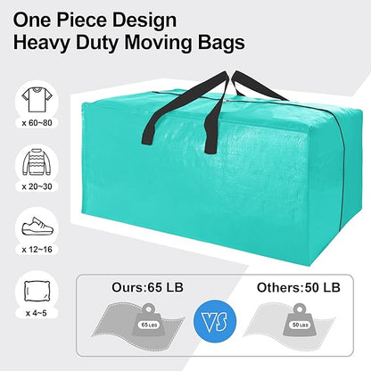 VELVETSURE 12 Pack Heavy Duty Large Moving Bags W/Backpack Straps - Strong Handles & Zippers, Storage Totes For Space Saving, Fold Flat, Alternative to Moving Box and Storage Bin, Aquamarine