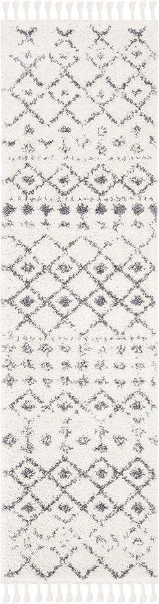 SAFAVIEH Berber Fringe Shag Collection 2'2" x 10' Cream / Dark Grey BFG516A Moroccan Non-Shedding Living Room Bedroom Dining Room Entryway Plush 1.2-inch Thick Runner Rug