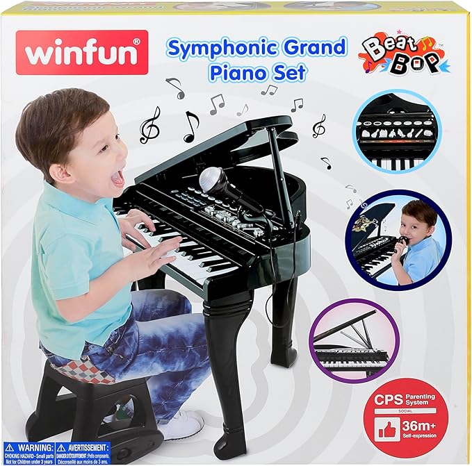 Winfun Symphonic Grand Piano Set for Kids 3+ Years 37 Keys 15 Demo Songs 8 Instruments & Rhythms Record & Playback Detachable Microphone Concert Stool Educational Music Toy