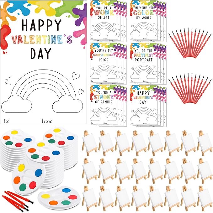 Sabary 24 Sets Valentines Day Gift for Kids, Valentines Gift Painting Cards Painting Canvas Panel with Wooden Easel Watercolor Paint Painting Brush Kit Packaging Bag for Class Gift Art Party
