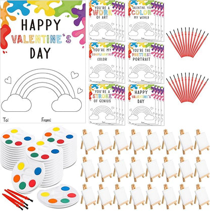 Sabary 24 Sets Valentines Day Gift for Kids, Valentines Gift Painting Cards Painting Canvas Panel with Wooden Easel Watercolor Paint Painting Brush Kit Packaging Bag for Class Gift Art Party