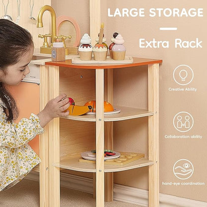 Play Kitchen Set, Wooden Toy Kids Kitchen Playset, Pretend Toddler Kitchen with Play Dishes Play Sink Microwave Oven Cookware Accessories Playset,Best Gift for Girls Boys 3+ Year Old(Red)