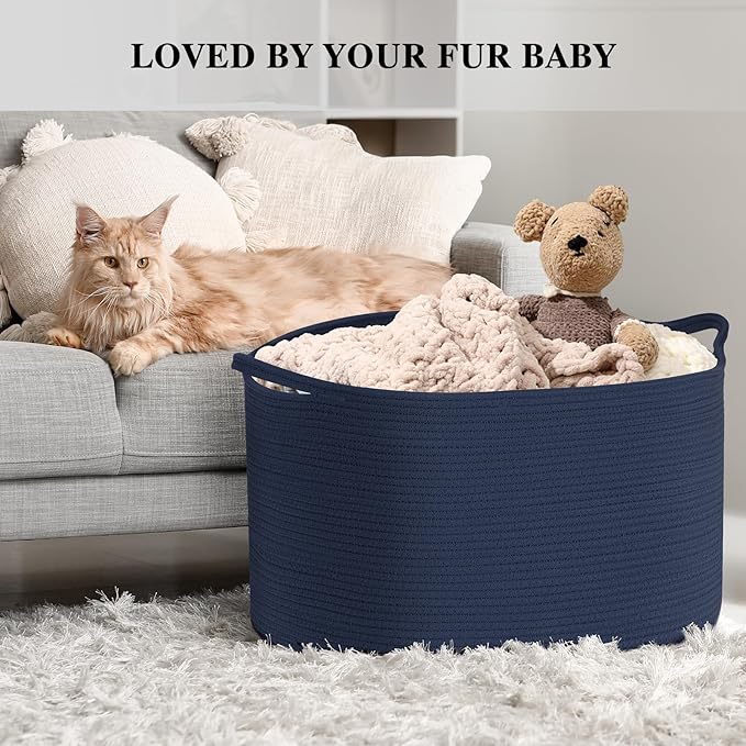 Extra Large Blanket Basket, Maliton Cotton Rope Bin for Toys, Woven Laundry Hamper with Handles, Decorative Storage for Living Room, Bedroom, Kids Room, Bathroom, 22" x 22" x 14", Blue