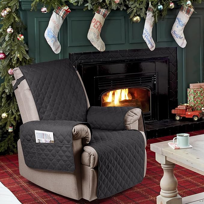 Ruaozz 100% Waterproof Recliner Chair Cover Non-Slip Reclining Cover for Recliner Chair Washable Chair Seat Cover with Elastic Straps for Kids, Dogs, Pets (Black, 23'')