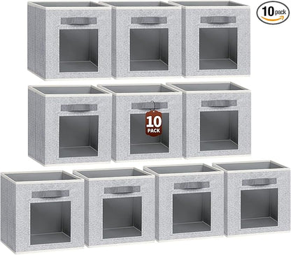 Homsorout Foldable Storage Cubes - Cubby Storage Organizer with Window, Decorative Baskets for Organizing, 11 Inch Fabric Cube Shelf Bins, Set of 10, Light Gray