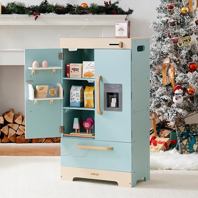 ROBUD Kids Corner Kitchen Playset, Wooden Play Kitchen Set with Realistic Sound, Ice Maker, Fridge, Oven, Washing Machine, Pretend Play Toy Kitchen Set, Gift for Boys Girls, Blue