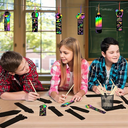 JUNEBRUSHS 30Pcs Welcome Back to School Scratch Bookmarks, Rainbow Magic Scratch Paper Art Back to School DIY Craft Kit First Day of School Gifts for Students Classroom Activity Party Favors