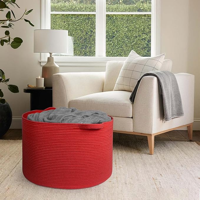 MEGASKET 115L Extra Large Red Basket for Organizing, 23.6"x15.7" Jumbo Woven Cotton Rope Bins for Blankets, Baby Nursery Laundry Basket, Kids Dog Toy Storage Box, Huge Red Living Room Decor Organizer