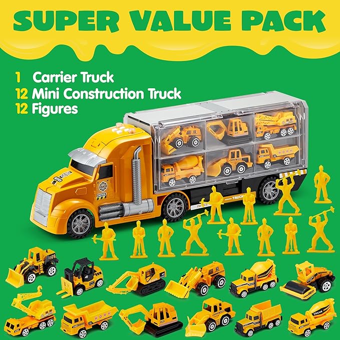 JOYIN 25-in-1 Construction Truck Toy Set with 12 Vehicles & 12 Worker Figures, Push and Go Toy Trucks with Sound and Light, Construction Toys Easter Basket Birthday Gifts for Kids 3 4 5 6 7 Years Old