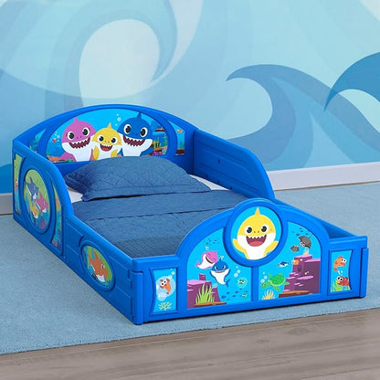 Baby Shark Plastic Sleep and Play Plastic Toddler Bed with Attached Guardrails by Delta Children, Blue