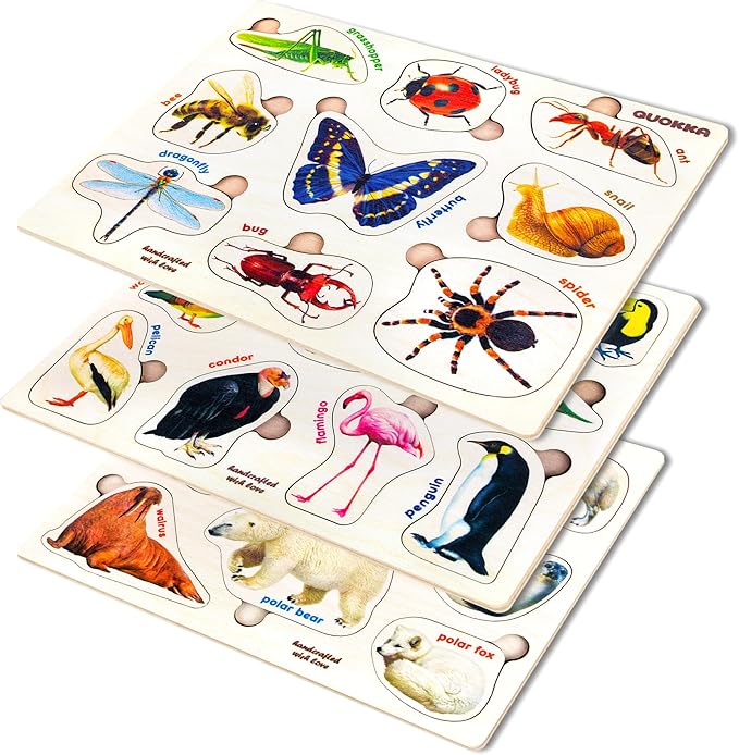QUOKKA Wooden Puzzles for Toddlers 1-3 – 3xSET Kids Puzzles Ages 2-4 – Montessori Toy Puzzles for Toddlers 3-5 – Wood Toy Learning Realistic Insects - Arctic Animals - Birds for Boy and Girl