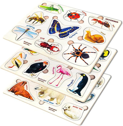 QUOKKA Wooden Puzzles for Toddlers 1-3 – 3xSET Kids Puzzles Ages 2-4 – Montessori Toy Puzzles for Toddlers 3-5 – Wood Toy Learning Realistic Insects - Arctic Animals - Birds for Boy and Girl