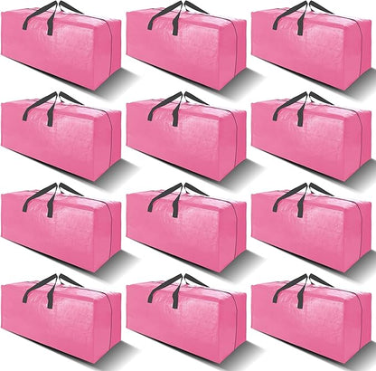 VELVETSURE 12 Pack Heavy Duty Large Moving Bags W/Backpack Straps - Strong Handles & Zippers, Storage Totes For Space Saving, Fold Flat, Alternative to Moving Box and Storage Bin, Pink