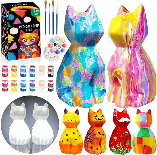 FUNZBO 2Pcs Paint Your Own Cat Lamp - Arts and Crafts for Kids Teens Adults, Art Supplies Painting Kits, Halloween Toy Gift for Girl Boy Ages 3+ Years Old