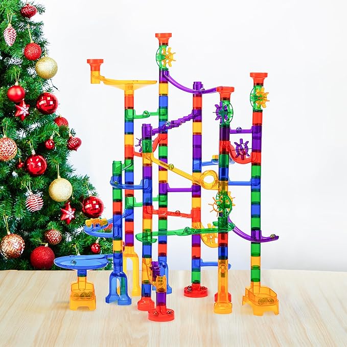 JOYIN 170Pcs Glowing Marble Run, Construction Building Blocks Toys with 5 Glow in The Dark Glass Marbles, STEM Educational Building Block Toy(120 Plastic Pieces + 50 Glass Marbles)