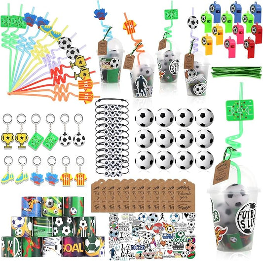 LiYiQ 158 Pcs Soccer Party Favors Soccer Party Supplies with Cup Straw Stress Ball Keychain Sticker Slaps Bracelets Whistle Thank You Tags for Soccer Birthday Decorations (Soccer)