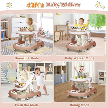 Baby Walker with Wheels, 4 in 1 Foldable Baby Walkers for Boys Girls 6-18 Months, 3 Level Height Adjustment with Bouncing, Feeding Tray & Music, Baby Walker with Activity Center, Toddler Push Walker