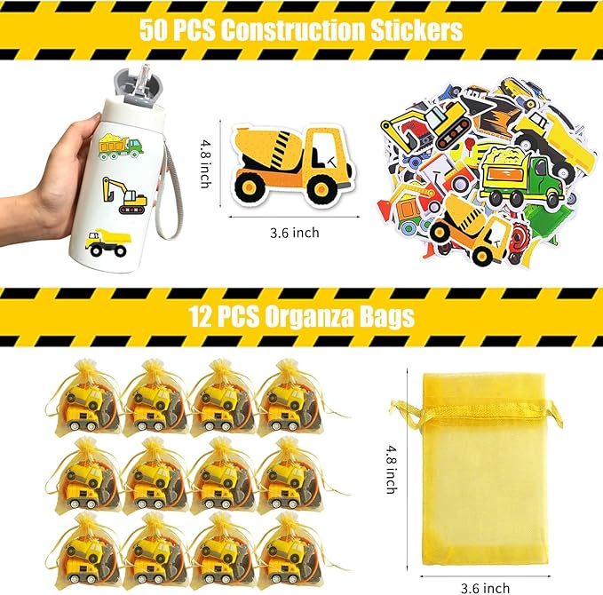 122 PCS Construction Party Favors Construction Theme Party Supplies Mini Construction Vehicles Rubber Bracelet Keychains Truck Button Pin Bags for Kids Birthday Party Favors Goodie Bag Fillers
