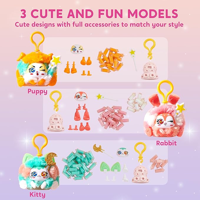 Klever Kits DIY Plush Keychain Making Craft, DIY Arts & Craft Set with 3 Models, Create Your Own Stuffed Keychain for Boys and Girls Ages 6 7 8 9