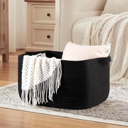 OIASKET Large Blanket Basket, Black Blanket Storage Living Room, Rectangle Woven Baskets for Storage Toys, Towels, Dirty Clothes Organizer Bins (Black)