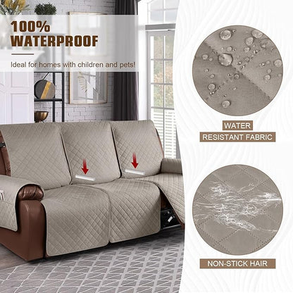 KinCam Waterproof Recliner Sofa Cover, Non-Slip Reclining Couch Covers for 3 Seat, Recliner Couch Cover Furniture Protector with Elastic Straps for Pets, Kids, Khaki