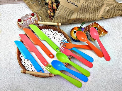 Jawbush 12Pcs Kids Cutlery Set, Plastic Toddler Utensils Forks and Spoons with Serrated Nylon Knives for School Lunch Box or Travel with Bright Colors, Reusable Kids Silverware Set also for Adults