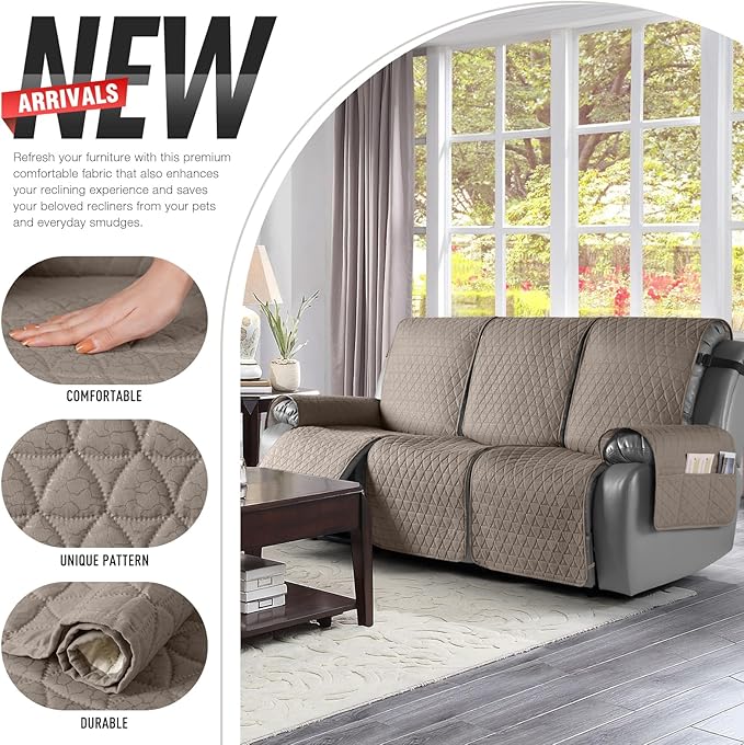 TAOCOCO 100% Waterproof Recliner Sofa Cover-Non Slip Split Couch Covers for Reclining Couches with Elastic Straps,Couch Covers for 3 Cushion Couch Sofa Pet Friendly(Taupe, 3 Seater)