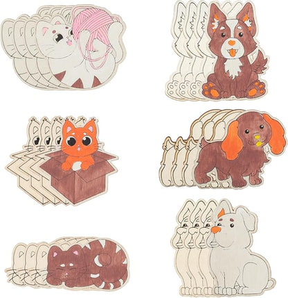 Set of 24 Valentines Cards for Kids Classroom -Valentine's Day Cats & Dogs Wood Painting Kits for Kids School -Each Valentines Gift Includes Complete Craft Kit & Card for Boys Girls Classroom Exchange