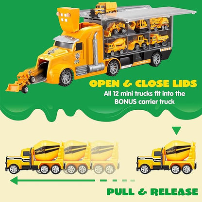 JOYIN 25-in-1 Construction Truck Toy Set with 12 Vehicles & 12 Worker Figures, Push and Go Toy Trucks with Sound and Light, Construction Toys Easter Basket Birthday Gifts for Kids 3 4 5 6 7 Years Old